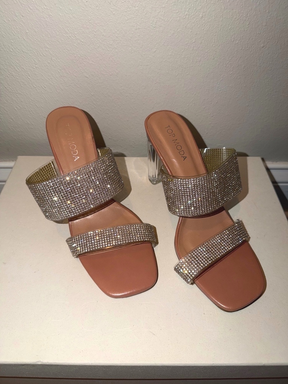 Top Moda Rhinestone Clear Block Heel Mule Sandals Size 6